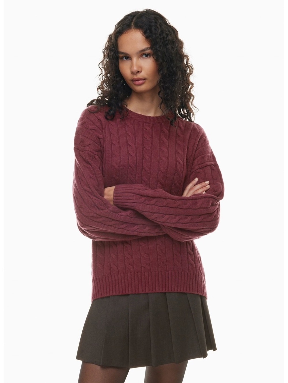 Aritzia Sunday Best Peggy Cable Knit Wool Sweater Burgundy Wine XS Oversized